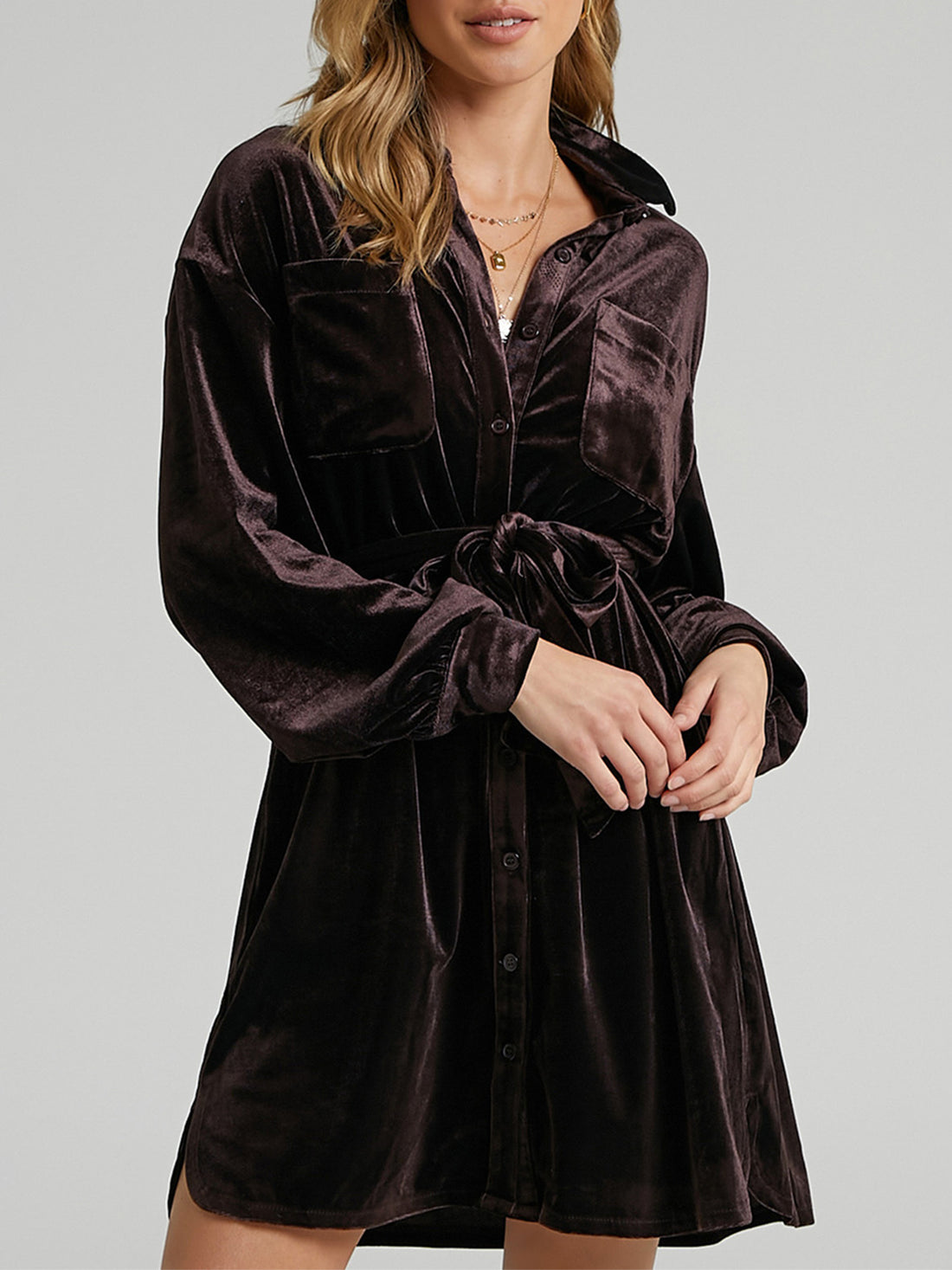 Collared Neck Button Down Long Sleeve Mini Dress 