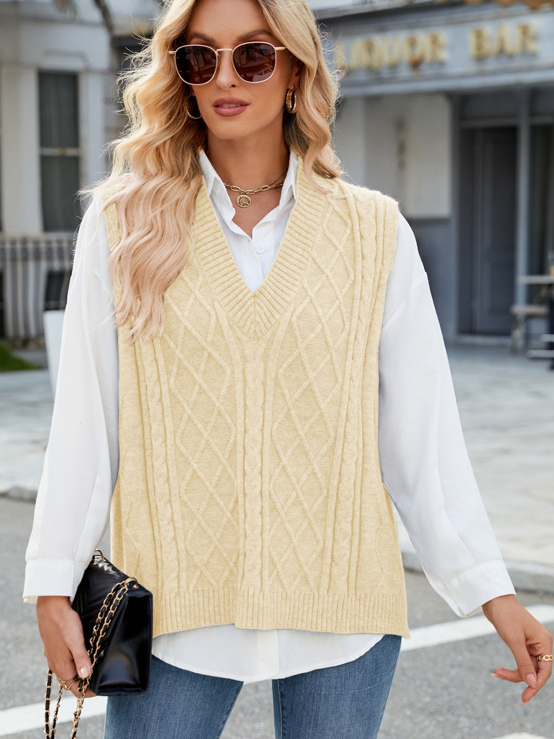 Cable Knit V-Neck Sweater Vest 