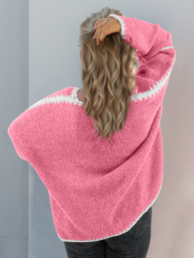 Double Take Contrast Open Front Dropped Shoulder Cardigan 