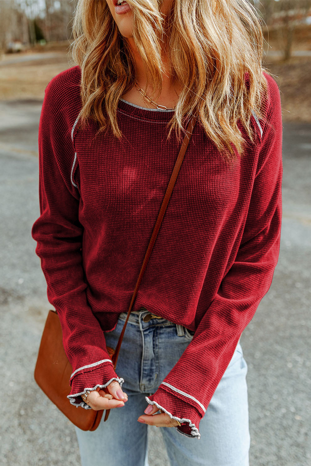 Black Textured Round Neck Long Sleeve Top Tops/Long Sleeve Tops