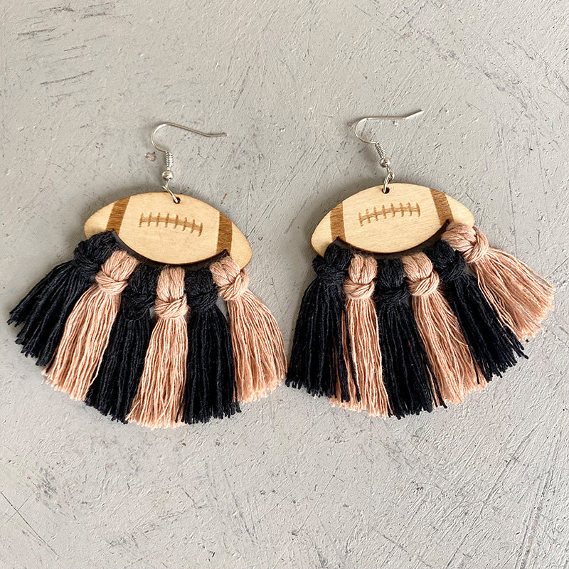 Fringe Detail Football Shape Wooden Dangle Earrings 