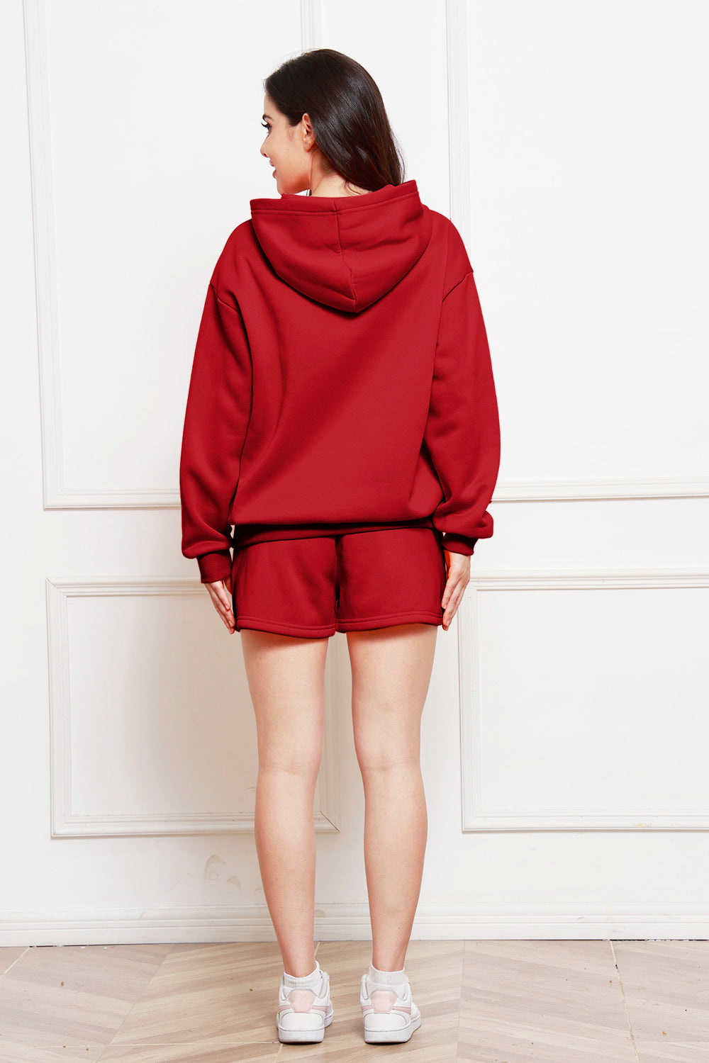 Drop Shoulder Long Sleeve Hoodie and Shorts Set 
