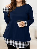 Plus Size Plaid Hem Round Neck Long Sleeve Sweatshirt 