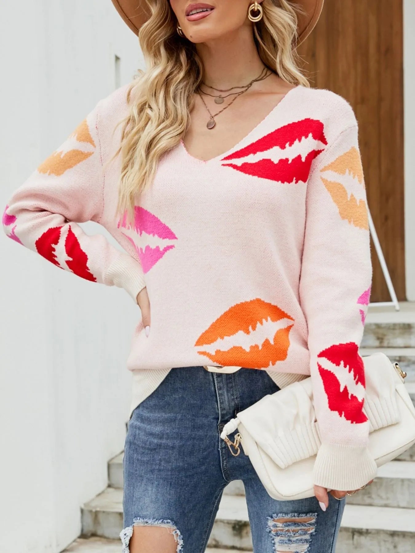 Colorful Lips V-Neck Sweater 