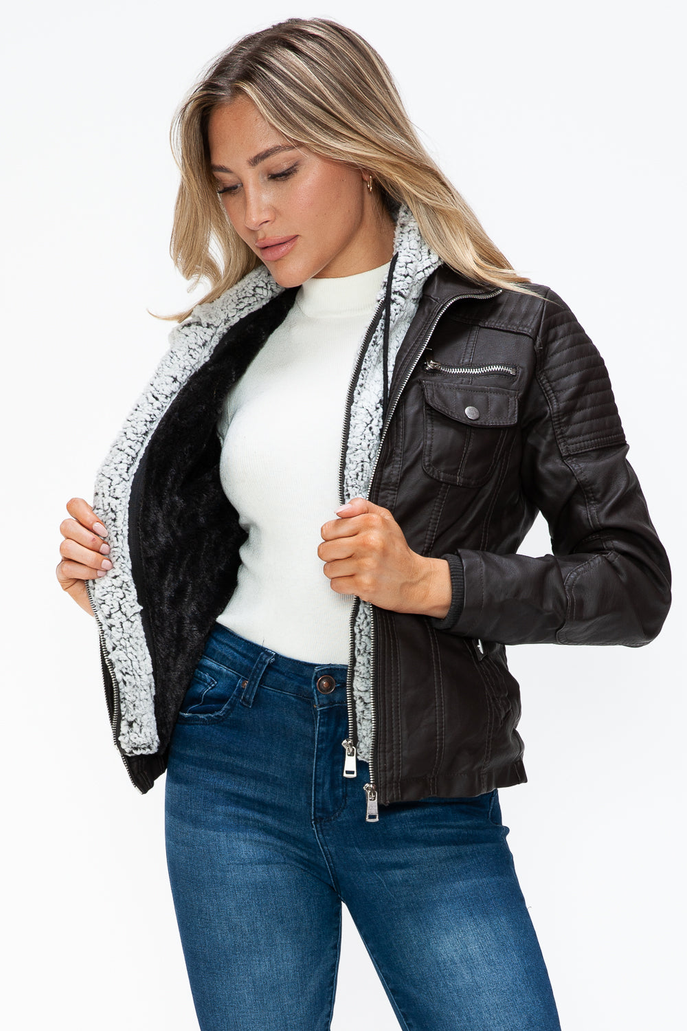 YMI Removable Faux Layered Multi-Pocket Jacket with Fuzzy Hood 