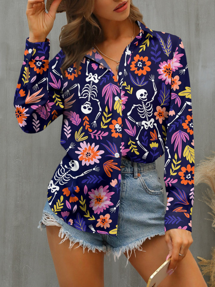 FAM-FAM Buttoned Printed Collared Neck Long Sleeve Shirt 