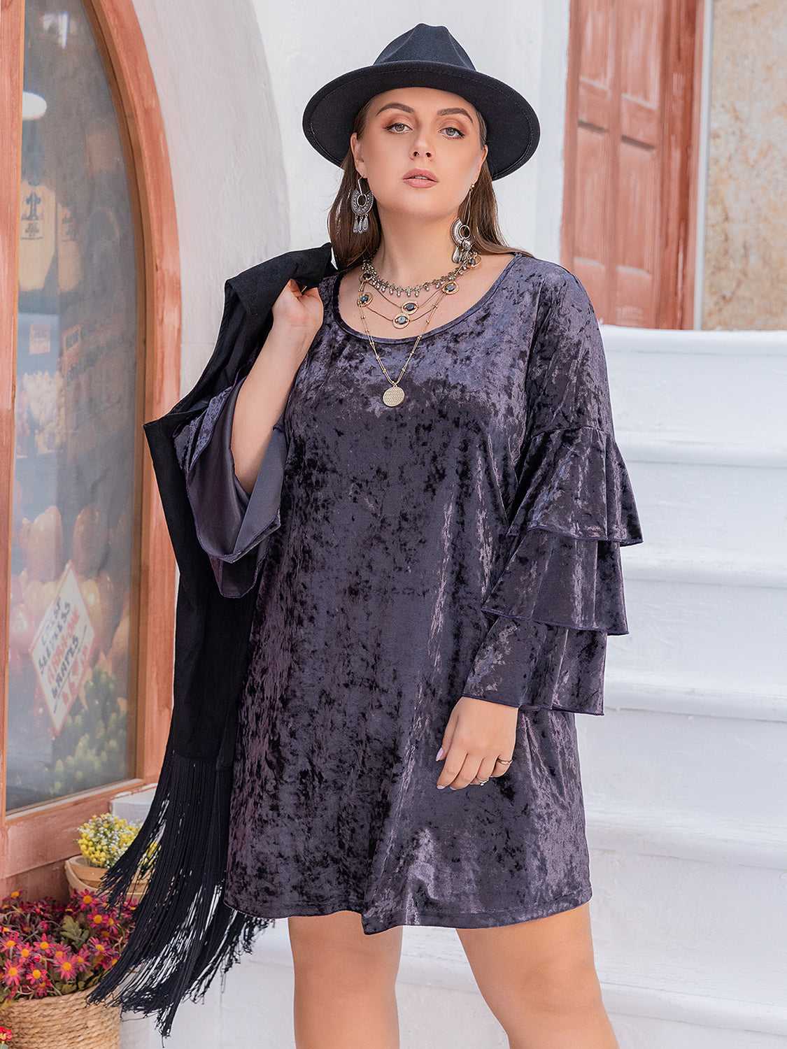 Plus Size Round Neck Flounce Sleeve Mini Dress 