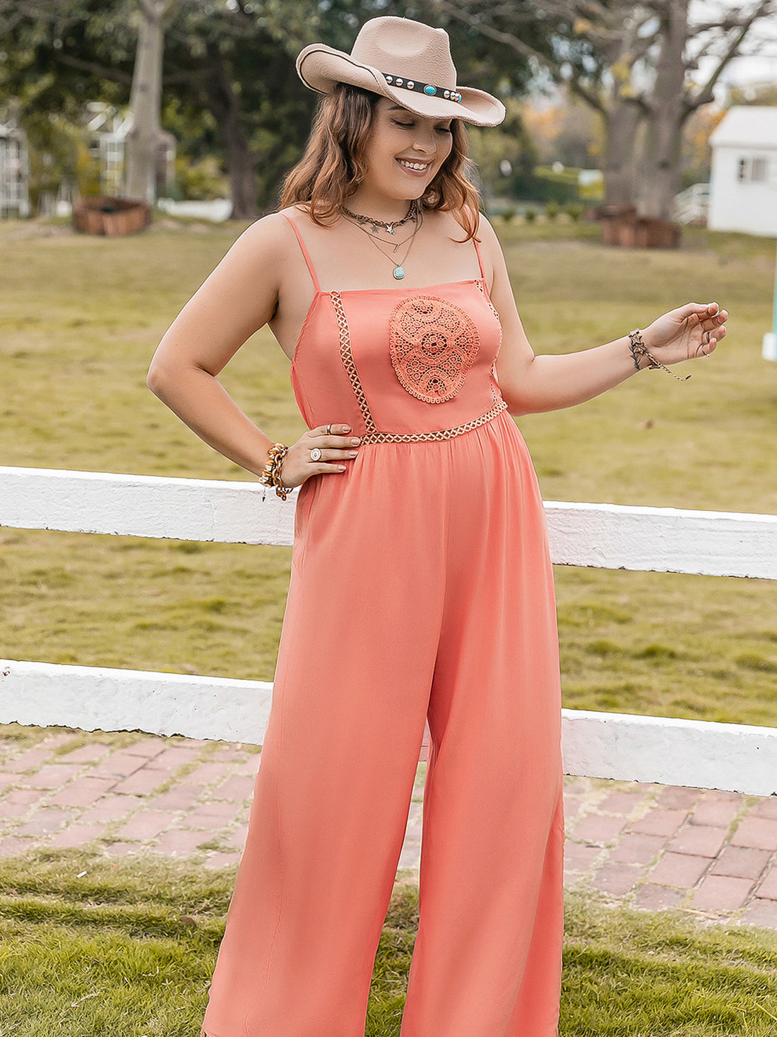 Plus Size Lace Detail Spaghetti Strap Wide Leg Jumpsuit 