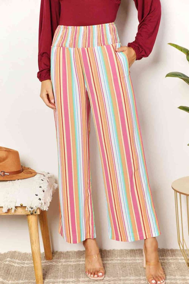 Double Take Striped Smocked Waist Pants with Pockets 