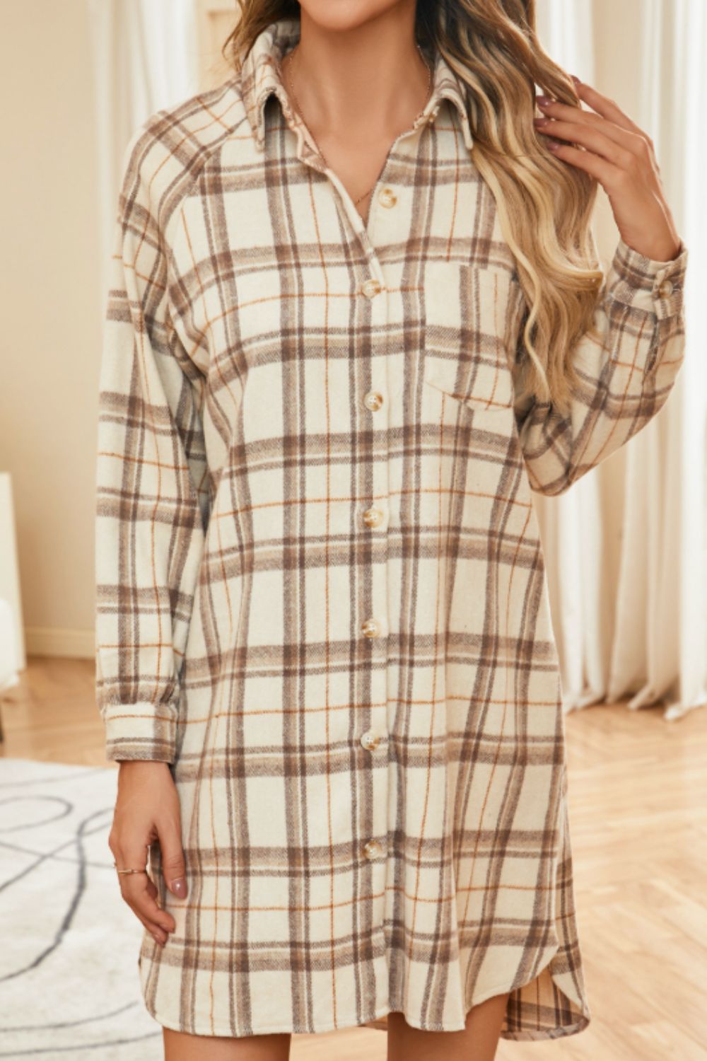 Plaid Collared Neck Long Sleeve Mini Shirt Dress 