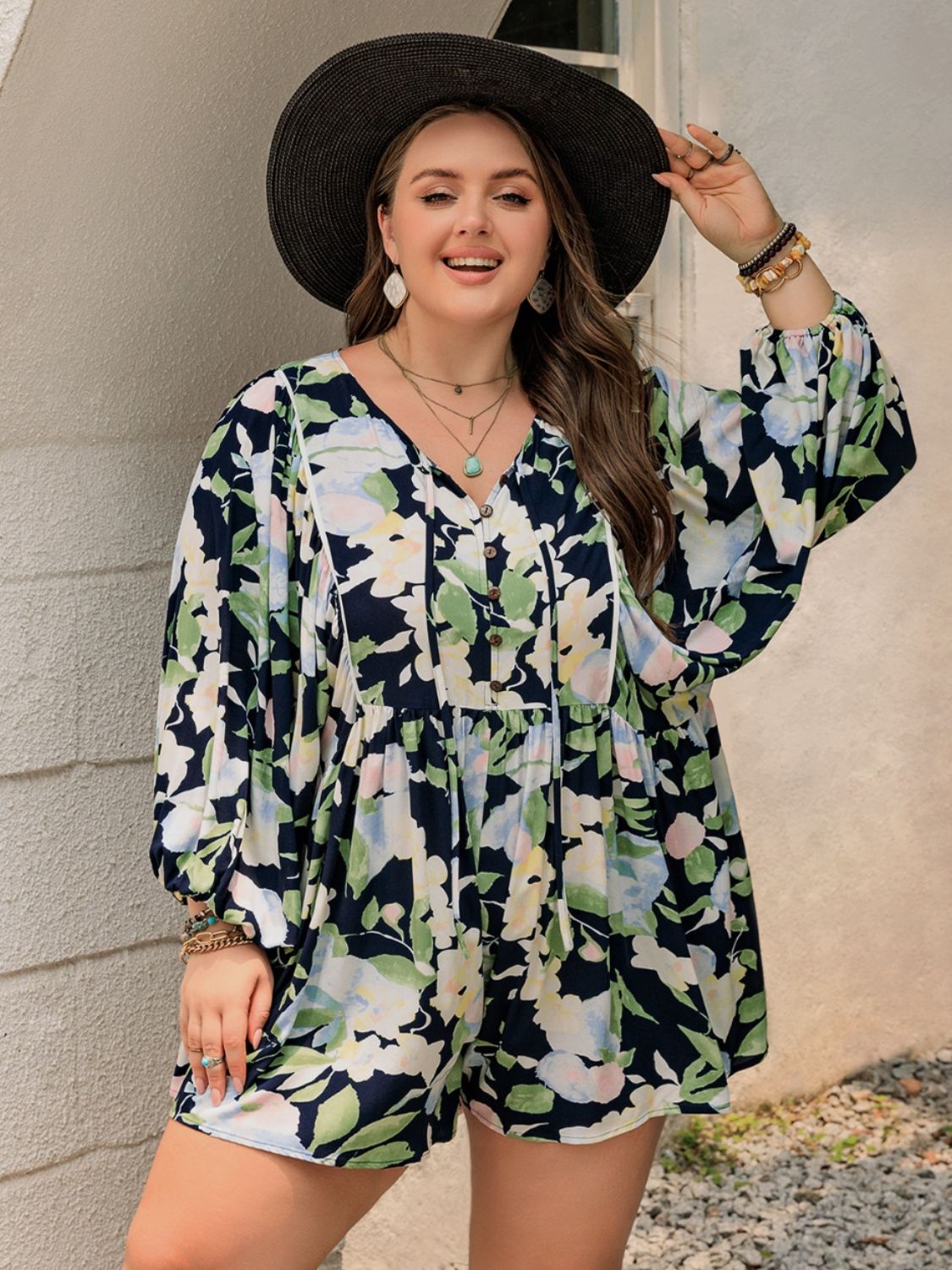 Plus Size Tied Printed Long Sleeve Romper 