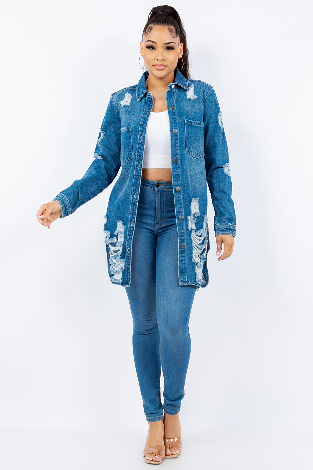 American Bazi Distressed Button Up Long Sleeve Denim Jacket 