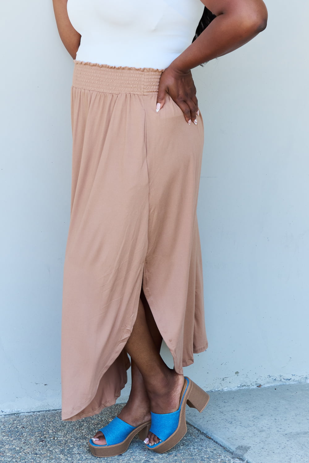 Doublju Comfort Princess Full Size High Waist Scoop Hem Maxi Skirt in Tan 