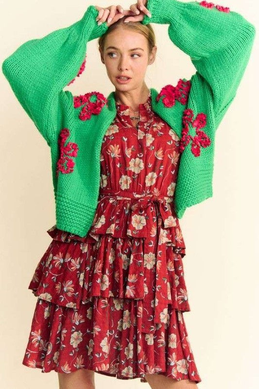 Davi & Dani Floral Applique Open Front Drop Shoulder Cardigan 