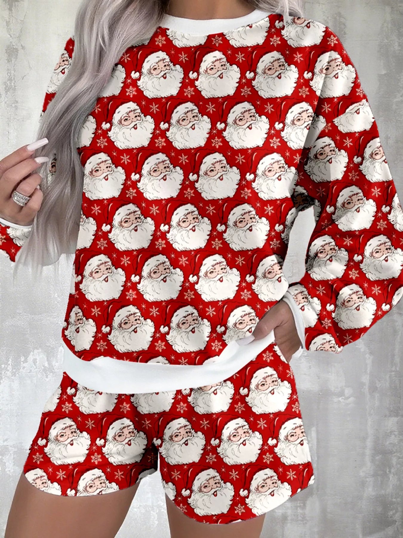 Christmas Santa Print Round Neck Top and Shorts Lounge Set Lingerie & Nightwear