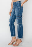 RISEN Full Size High Rise Cargo Ankle Roll Up Straight Jeans 