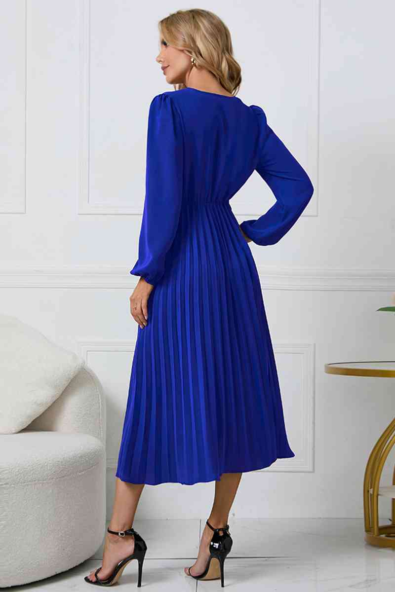 V-Neck Long Sleeve Tie Waist Midi Dress Dresses