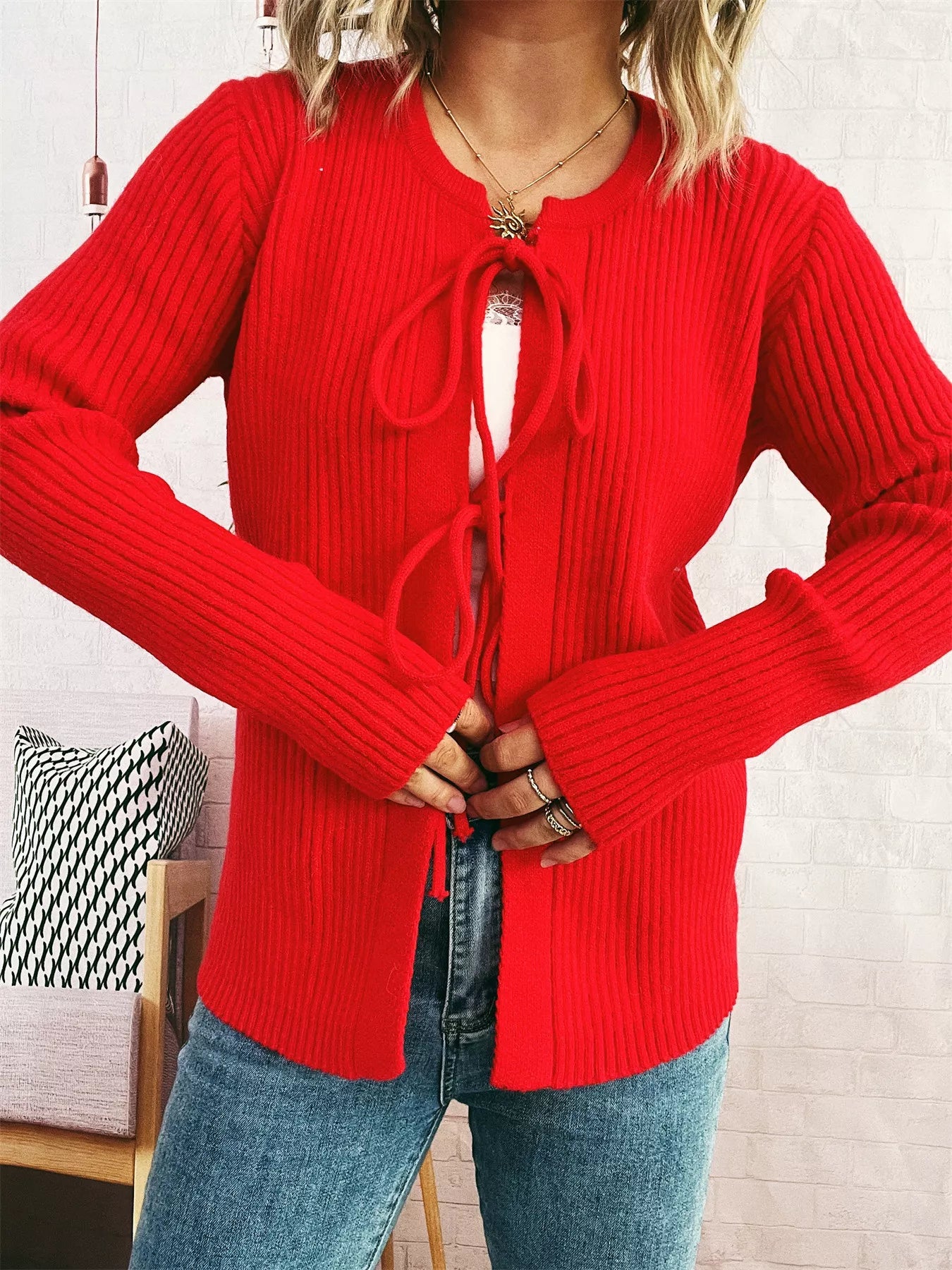 Ribbed Tie Front Long Sleeve Cardigan 