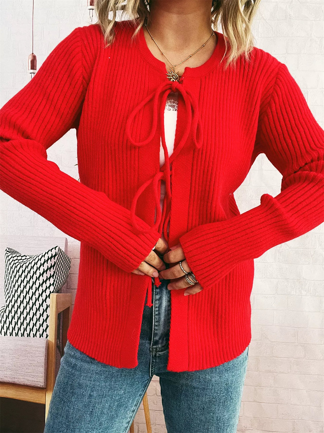 Ribbed Tie Front Long Sleeve Cardigan 