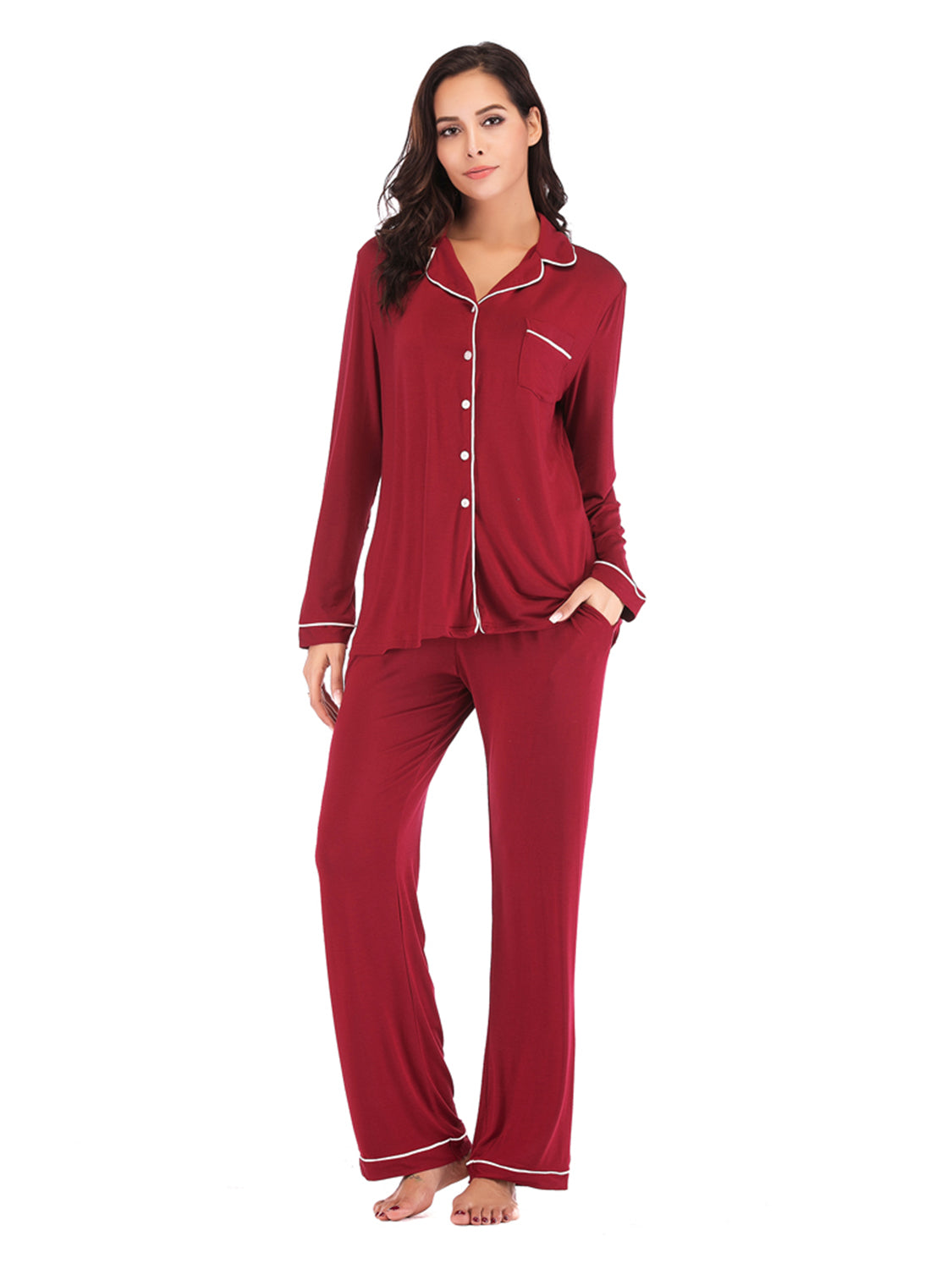 Collared Neck Long Sleeve Loungewear Set with Pockets Lingerie & Nightwear