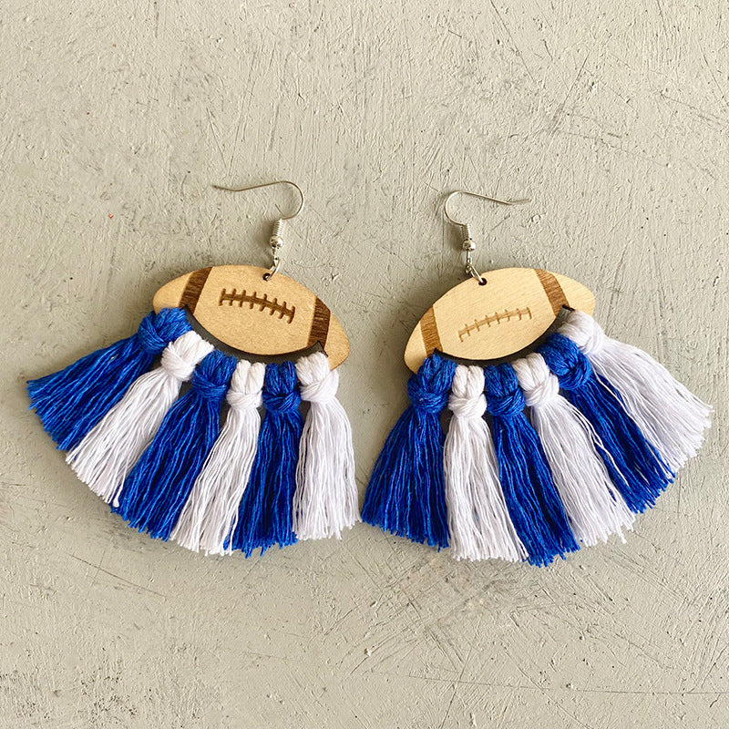 Fringe Detail Football Shape Wooden Dangle Earrings 