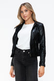Snobbish Faux Leather Zip Up Drawstring Hooded Jacket 