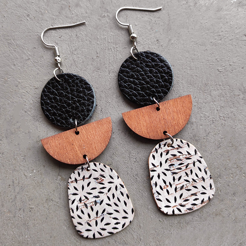 Leather & Wood Drop Earrings 