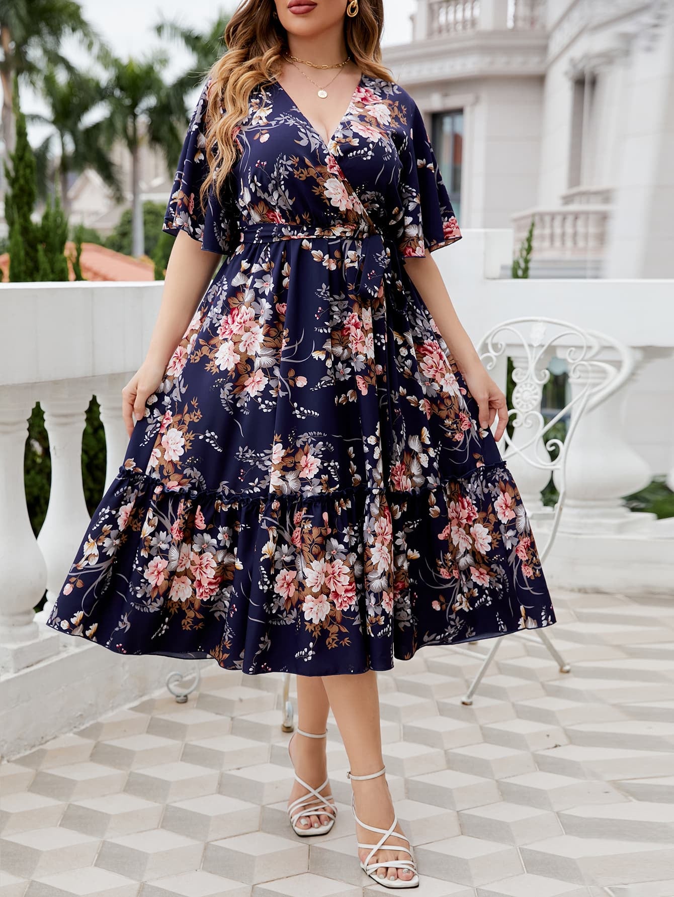 Honey Plus Size Floral Surplice Neck Midi Dress 