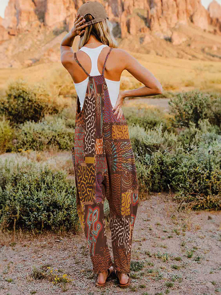 Double Take Full Size Printed V-Neck Sleeveless Jumpsuit 