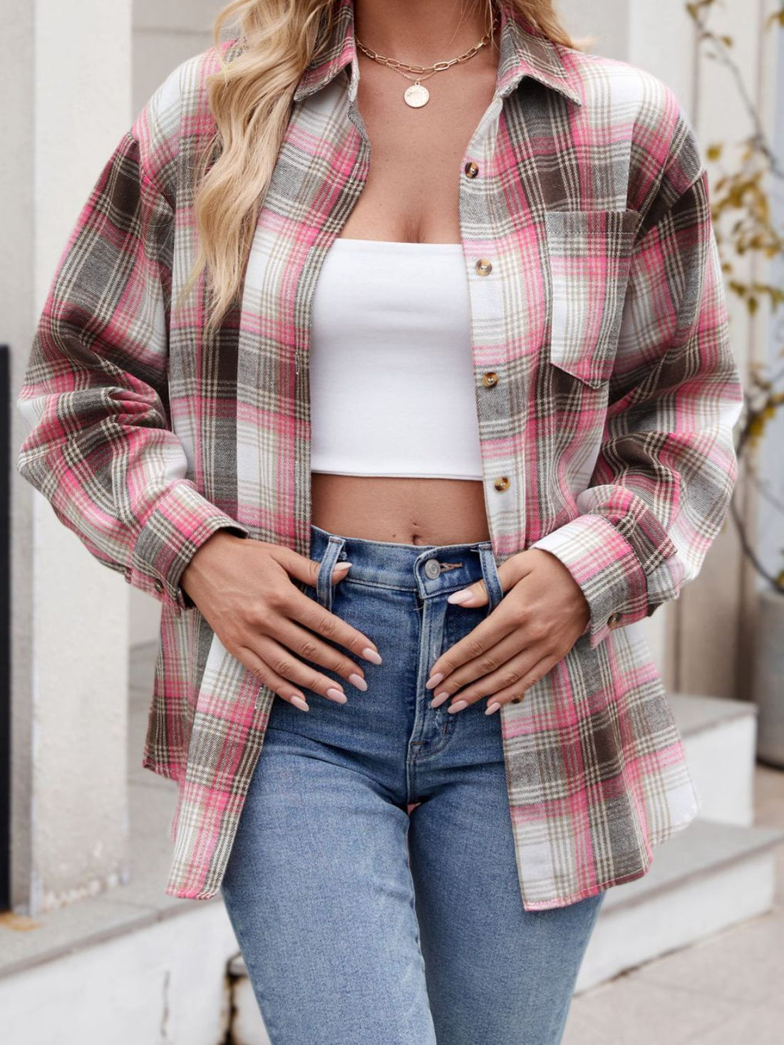 Mandy Plaid Collared Neck Long Sleeve Shirt 