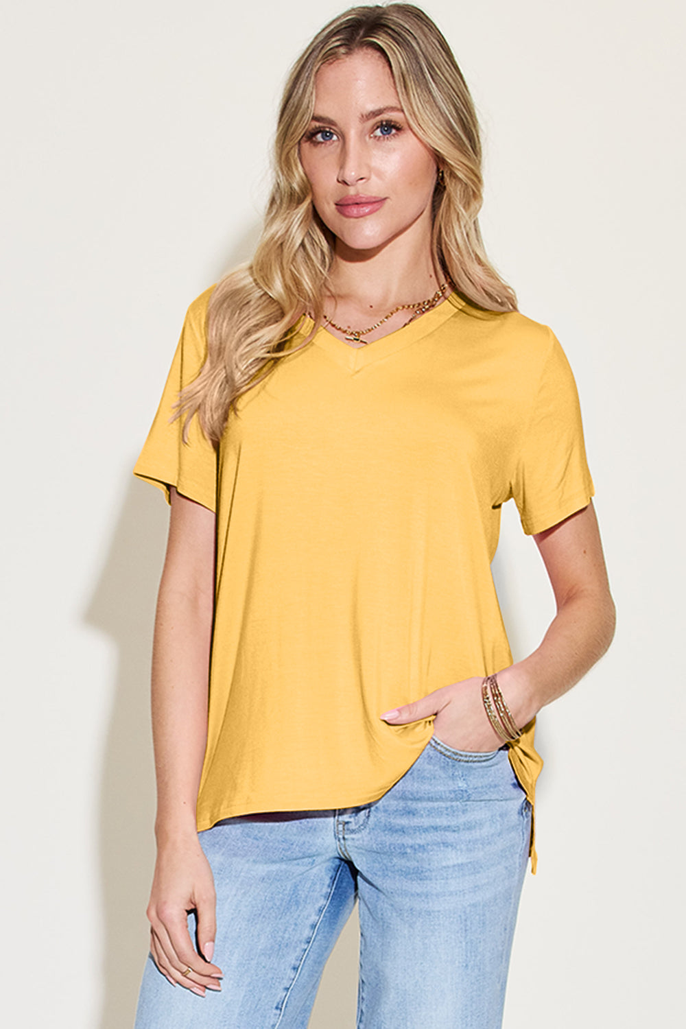 Basic Bae Bamboo Full Size V-Neck High-Low T-Shirt 