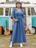 Plus Size Ruched Slit Three-Quarter Sleeve Midi Dress 