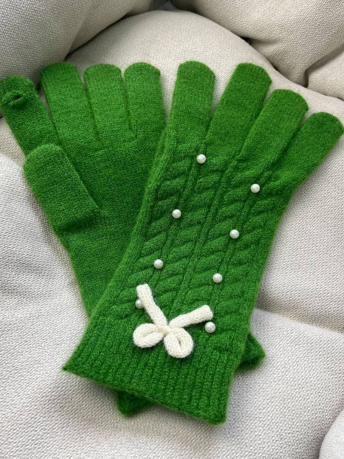 Thermal Pearl Detail Bow Five-Finger Gloves 