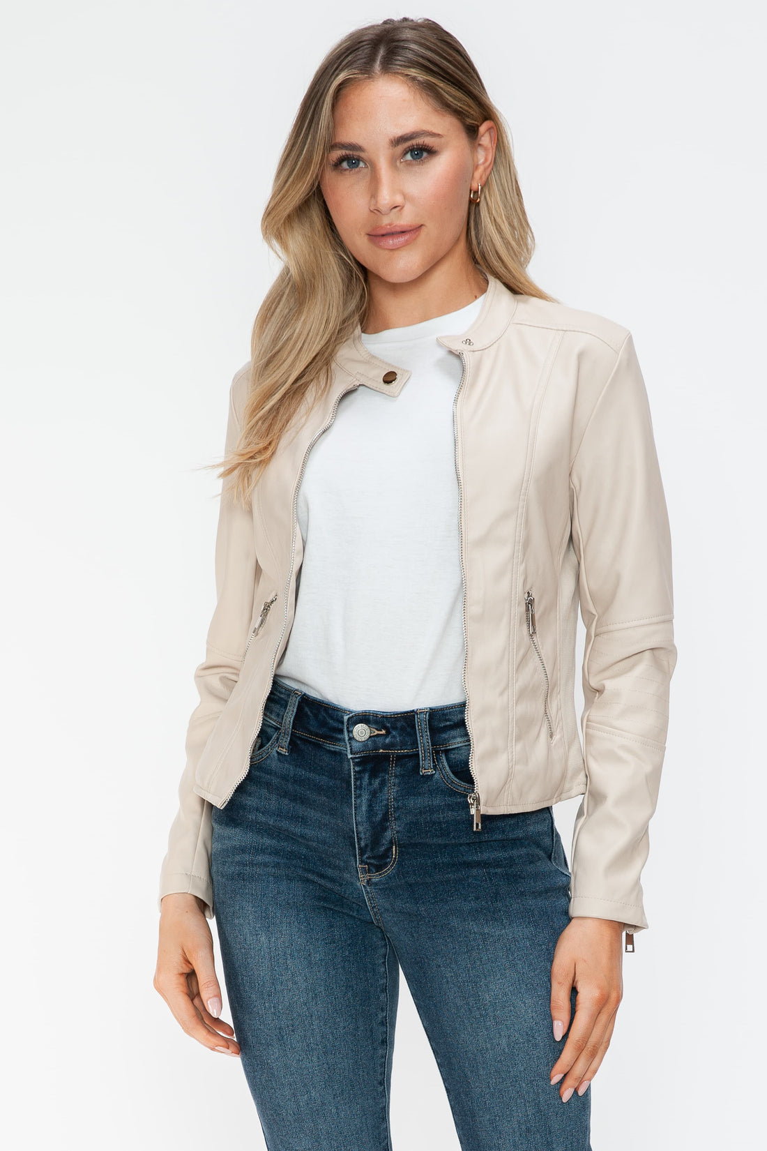 Snobbish PU Leather Zip Up Jacket with Pockets 