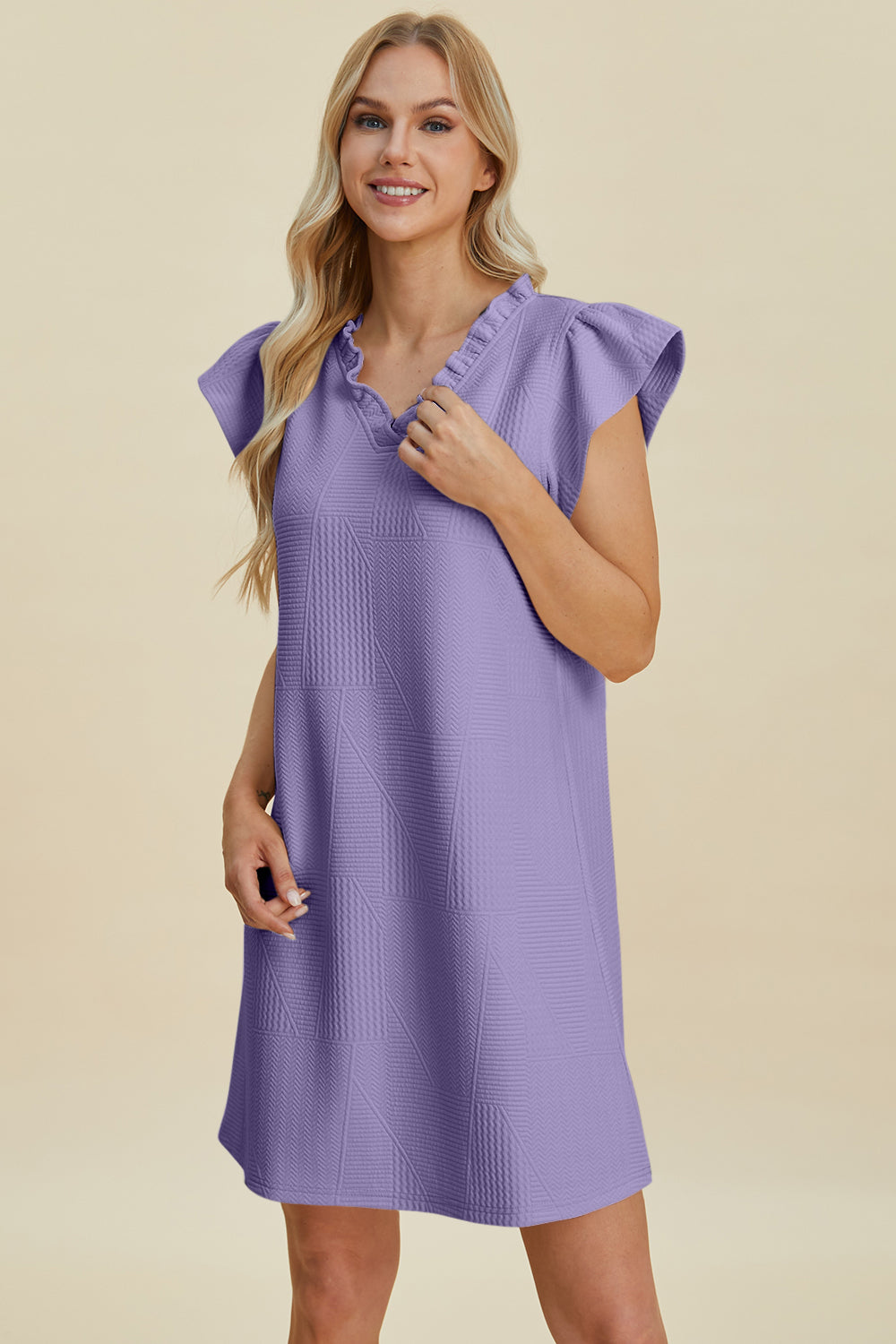 Double Take Full Size Ruffled V-Neck Cap Sleeve Dress 