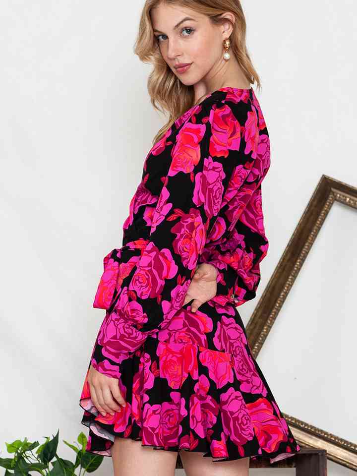 Floral Print Surplice Neck Long Sleeve Dress Dresses