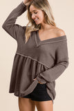 BiBi Waffle Knit V-Neck Babydoll Blouse 