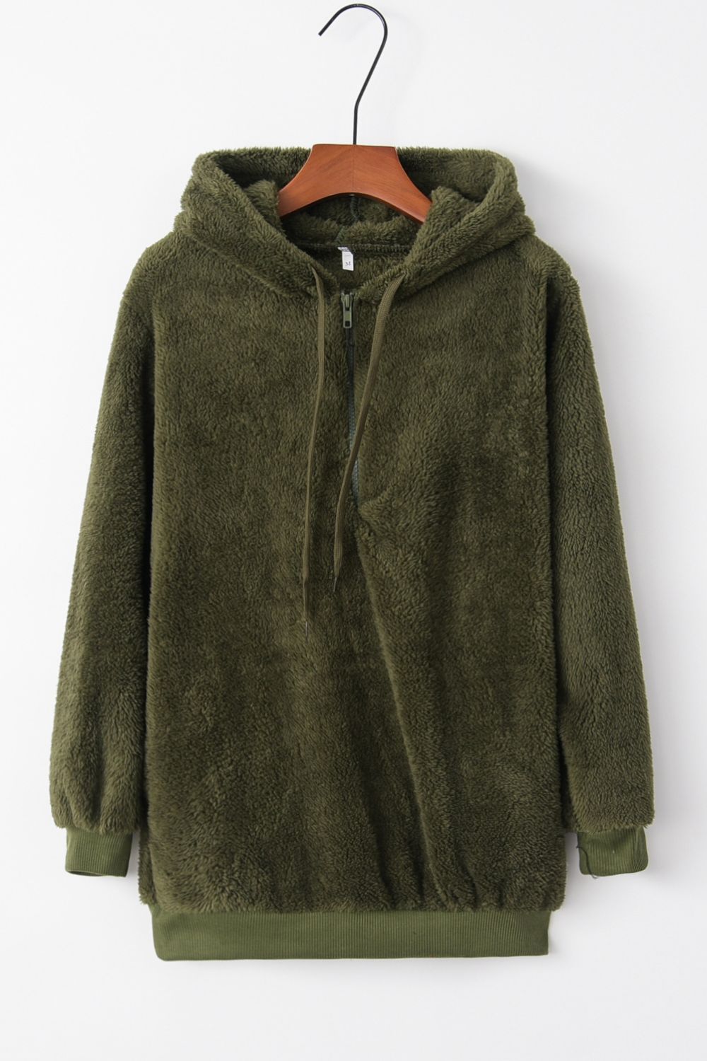 Full Size Quarter-Zip Drawstring Teddy Hoodie 