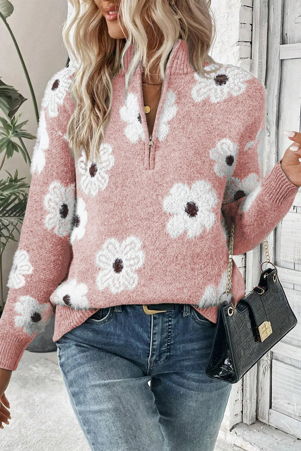 Flower Half Zip Long Sleeve Sweater 