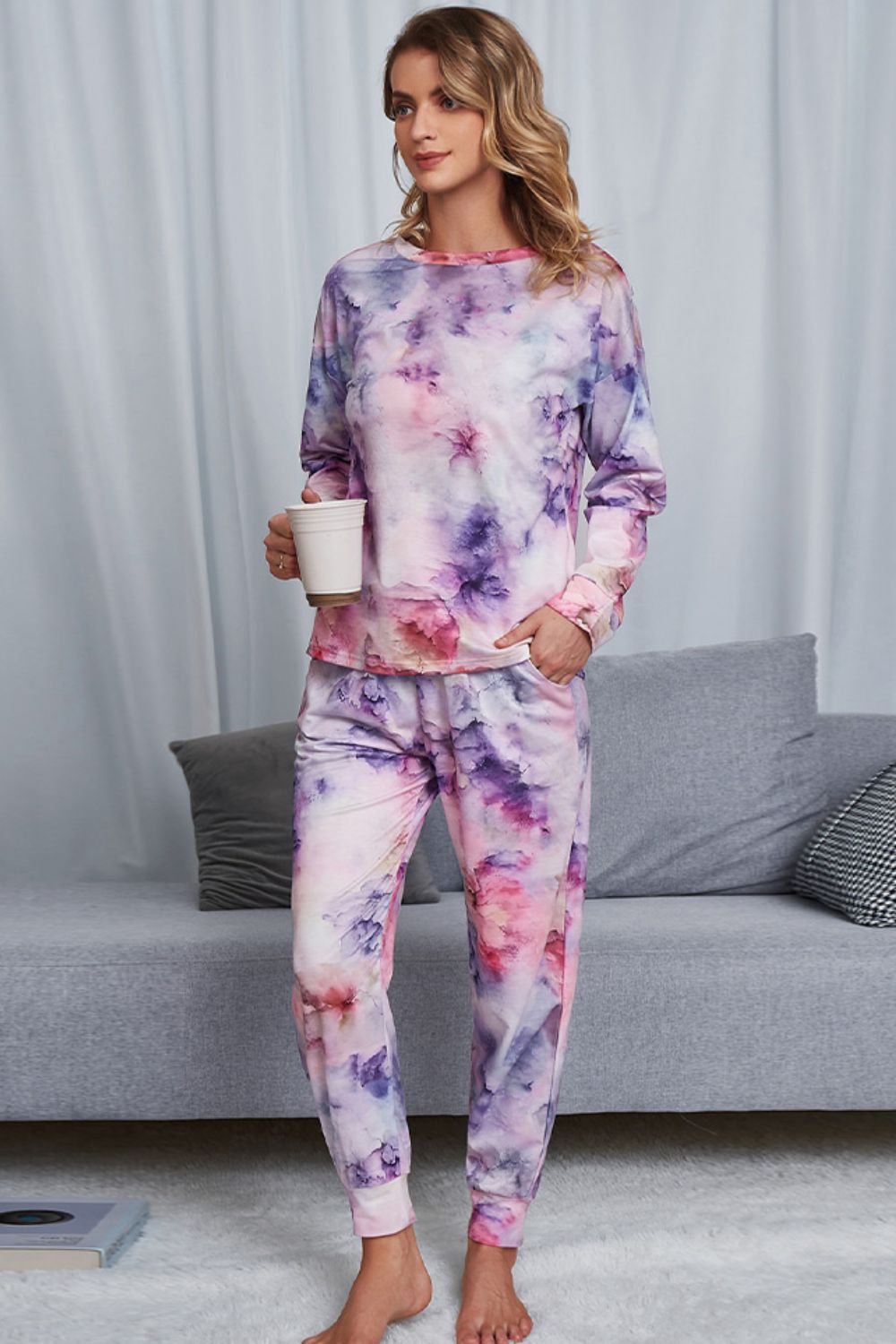 Shiny Tie-Dye Crewneck Top and Drawstring Waist Joggers Lounge Set Lingerie & Nightwear