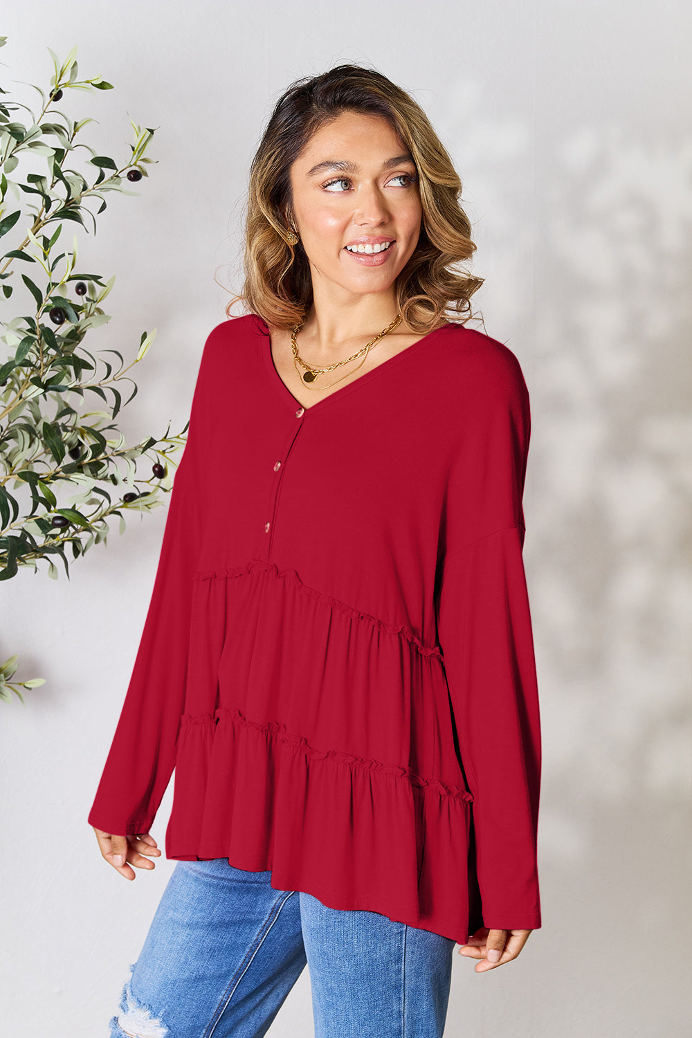 Double Take Half Button Long Sleeve Ruffle Hem Blouse 