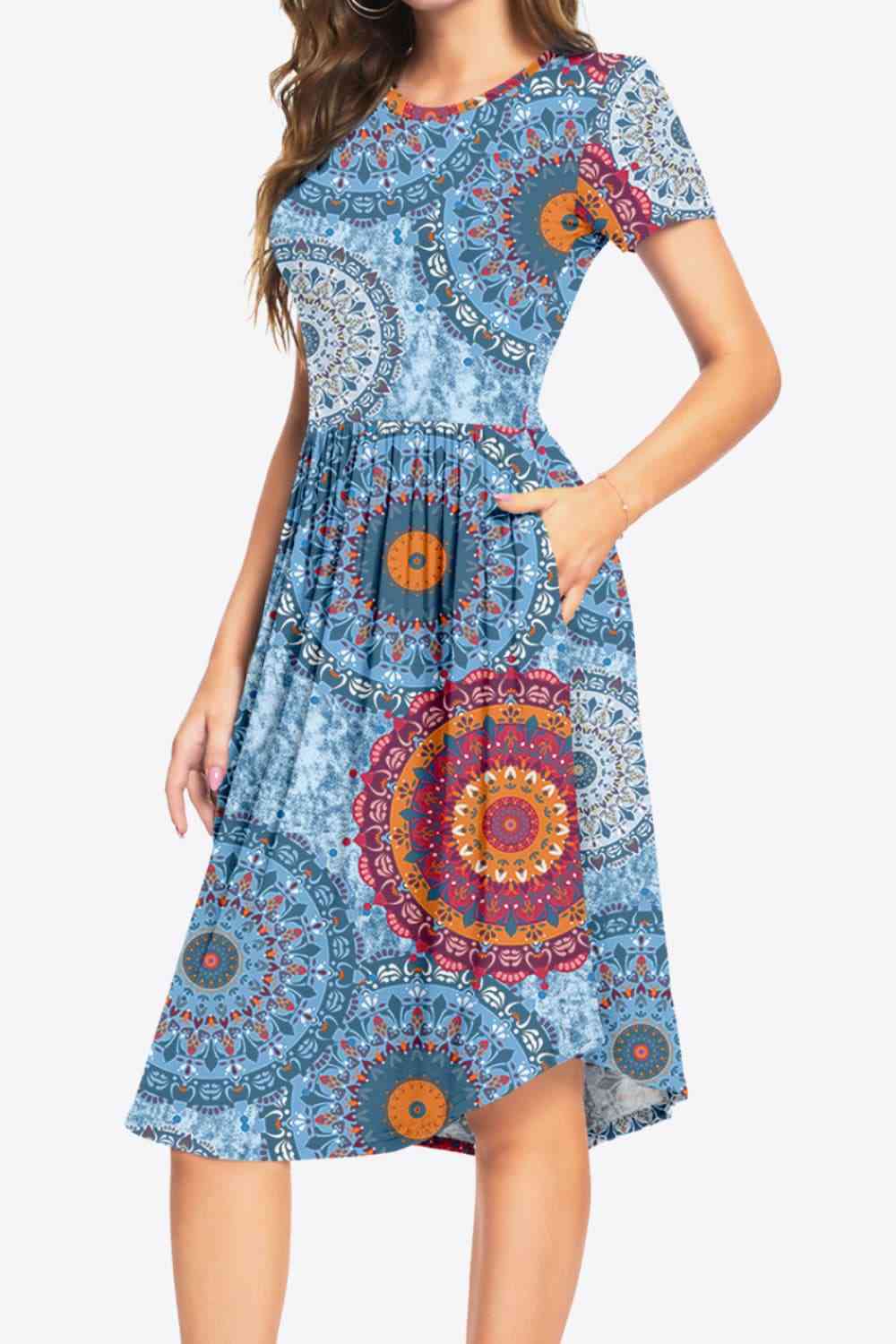 Printed Round Neck Short Sleeve Dress with Pockets Dresses