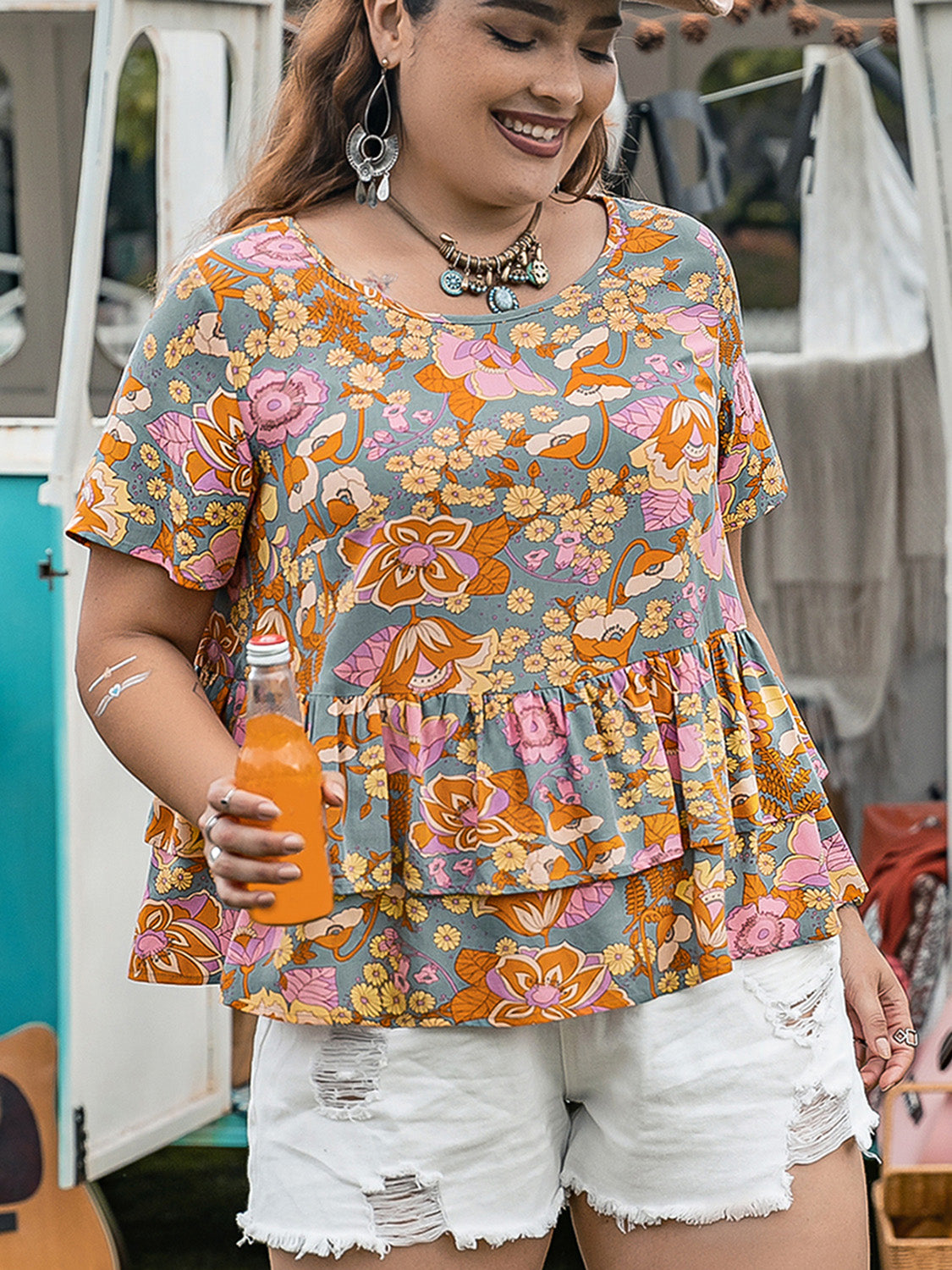 Plus Size Layered Printed Round Neck Short Sleeve Blouse 
