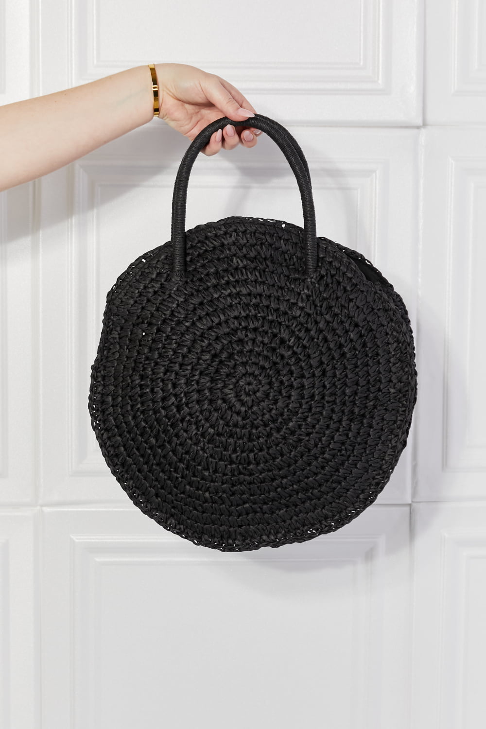 Justin Taylor Beach Date Straw Rattan Handbag in Black 