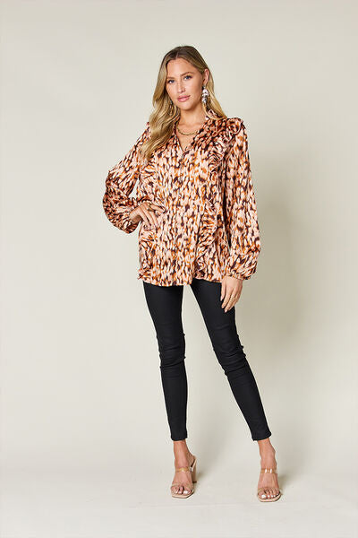 Double Take Full Size Printed Ruffle Trim Balloon Sleeve Shirt 