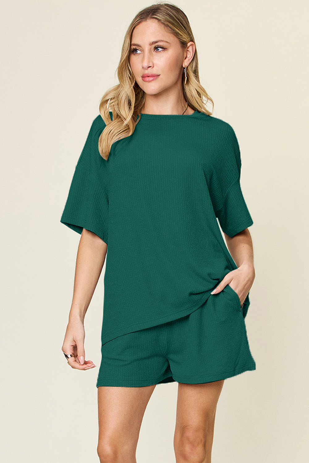 Double Take Basic style Round Neck Solid Set 