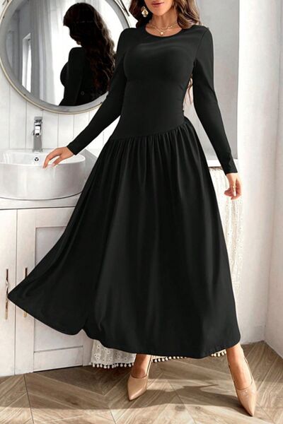 Ruched Round Neck Long Sleeve Dress Dresses