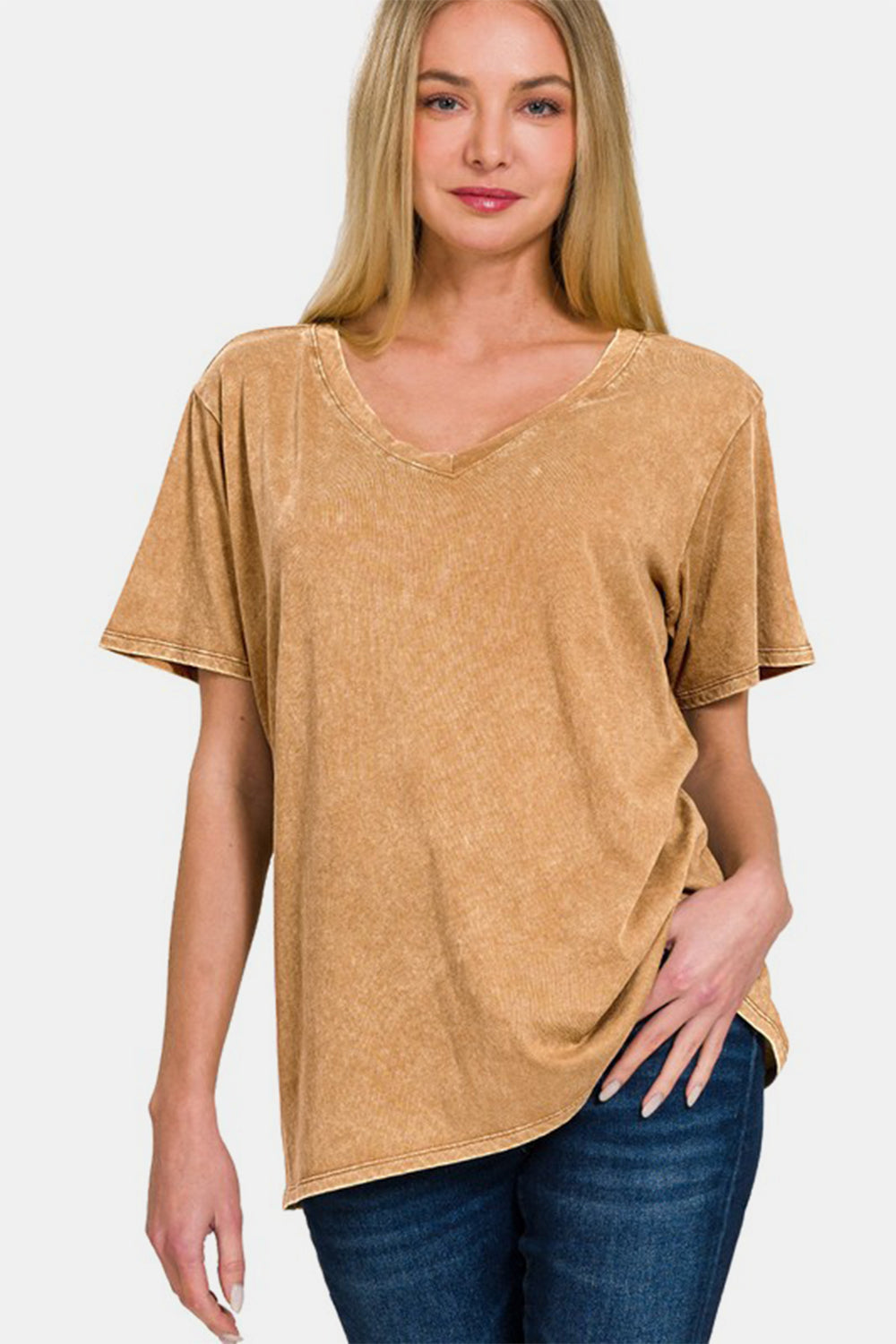 Zenana Full Size Washed Short Sleeve V-Neck T-Shirt 