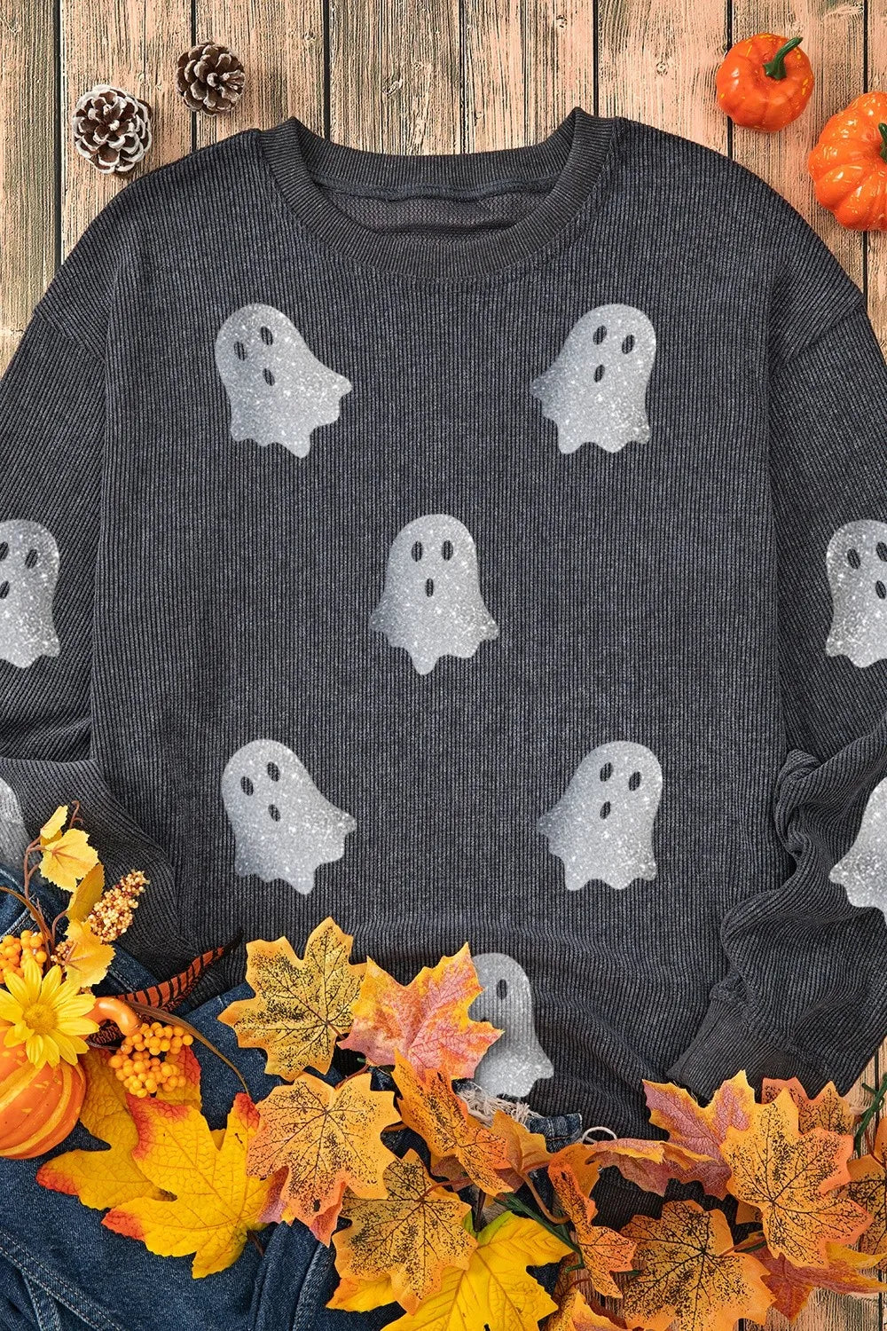 Glitter Ghost Round Neck Long Sleeve Sweatshirt 