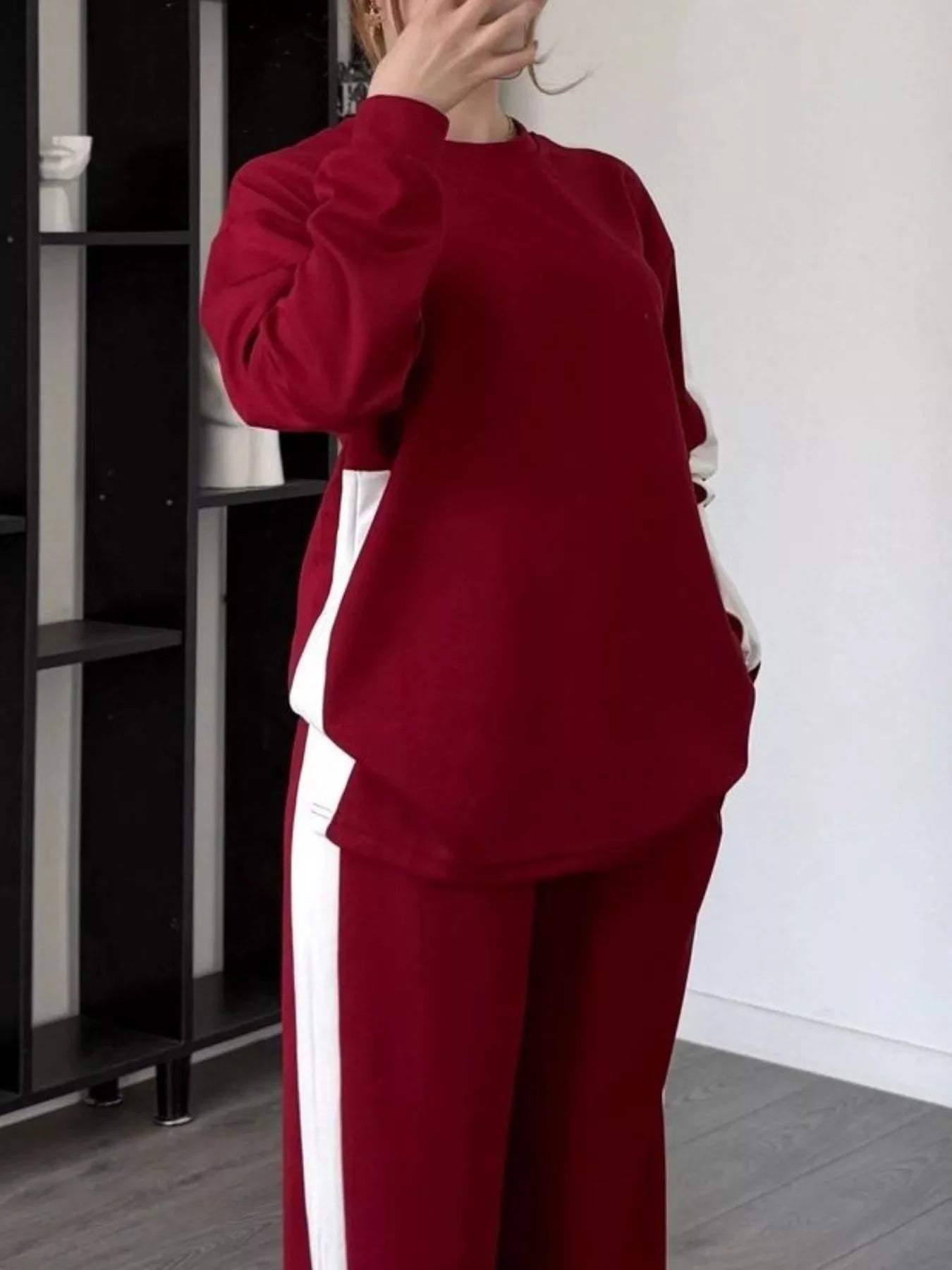 Full Size Contrast Round Neck Top and Pants Set Plus Size 